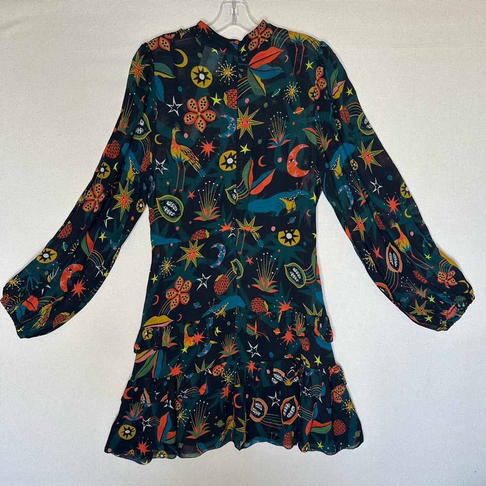 FARM Rio Black Cerrado Sky Celestial Ruffle Long Sleeve Mini Dress Small - Picture 4 of 7